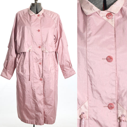 vintage 1990s shimmery pink long raincoat with pink gingham trim and toggle pulls at waist shown on dress form on left of image with closeup of collar, buttons, toggles on right of image
