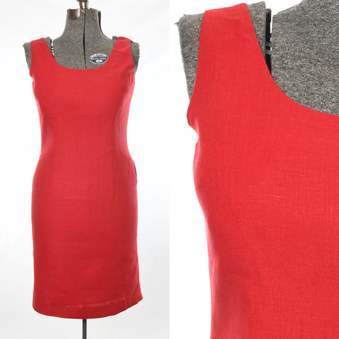 vintage 1990s red linen sleeveless knee length sheath dress shown on dress form on left of image and close up of shoulder bust area on right of image