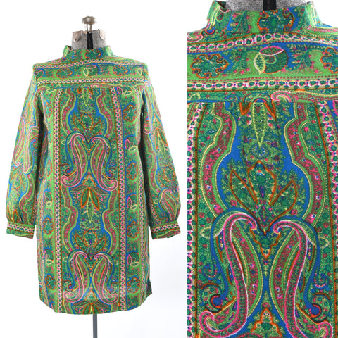 vintage 1960s psychedelic green multicolored long sleeve mini dress