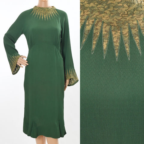 vintage 1930s green crepe dress, illusion embroidered mesh dramatic V points neckline, belled long sleeves dress by adaptation vionnet Paris