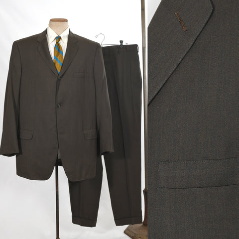 vintage 1960s brown mens 3 button single breasted pants suit shown with shirt and striped tie on mannequin form with pants hanging to back right on white background and close up lapel image on full right