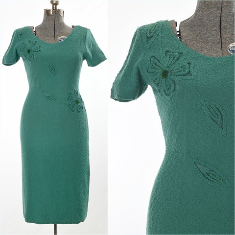 vintage 1950s teal green short sleeve knit wool boucle sweater dress with velvet floral inlays and boucle and bead floral appliqué by Snyderknit