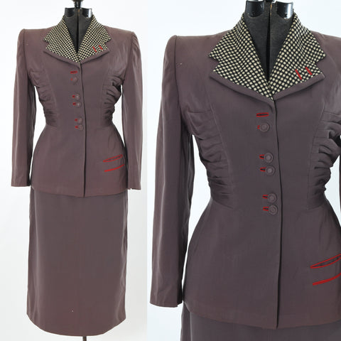 vintage late 40s early 50s heavily wounded purple lilli ann skirt suit