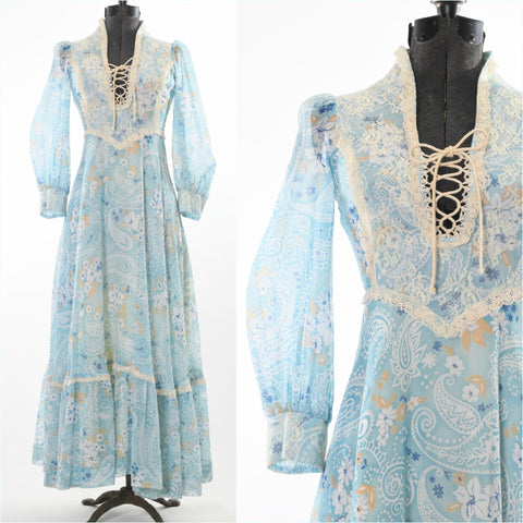 vintage 1970s blue cream corset bodice flowy maxi prairie dress