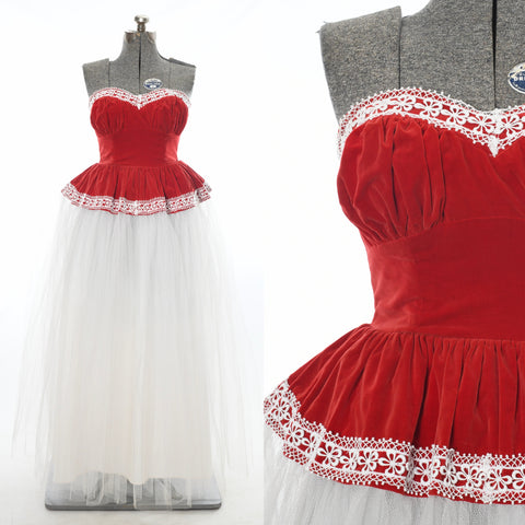 vintage 1950s red velvet white tulle strapless full skirt long formal dress