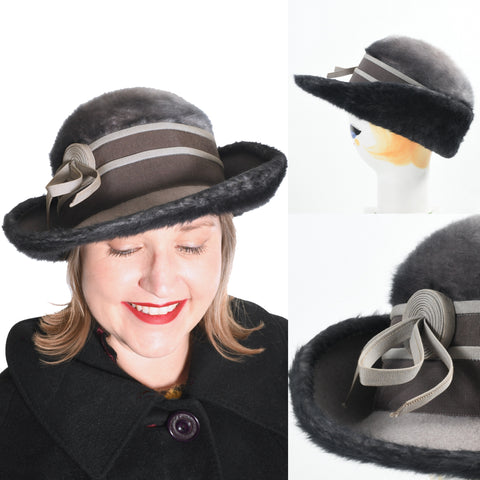 vintage 1960s plush fur felt gray brimmed Schiaparelli hat with layered gray grosgrain ribbon, front, side view, close up ribbon accent